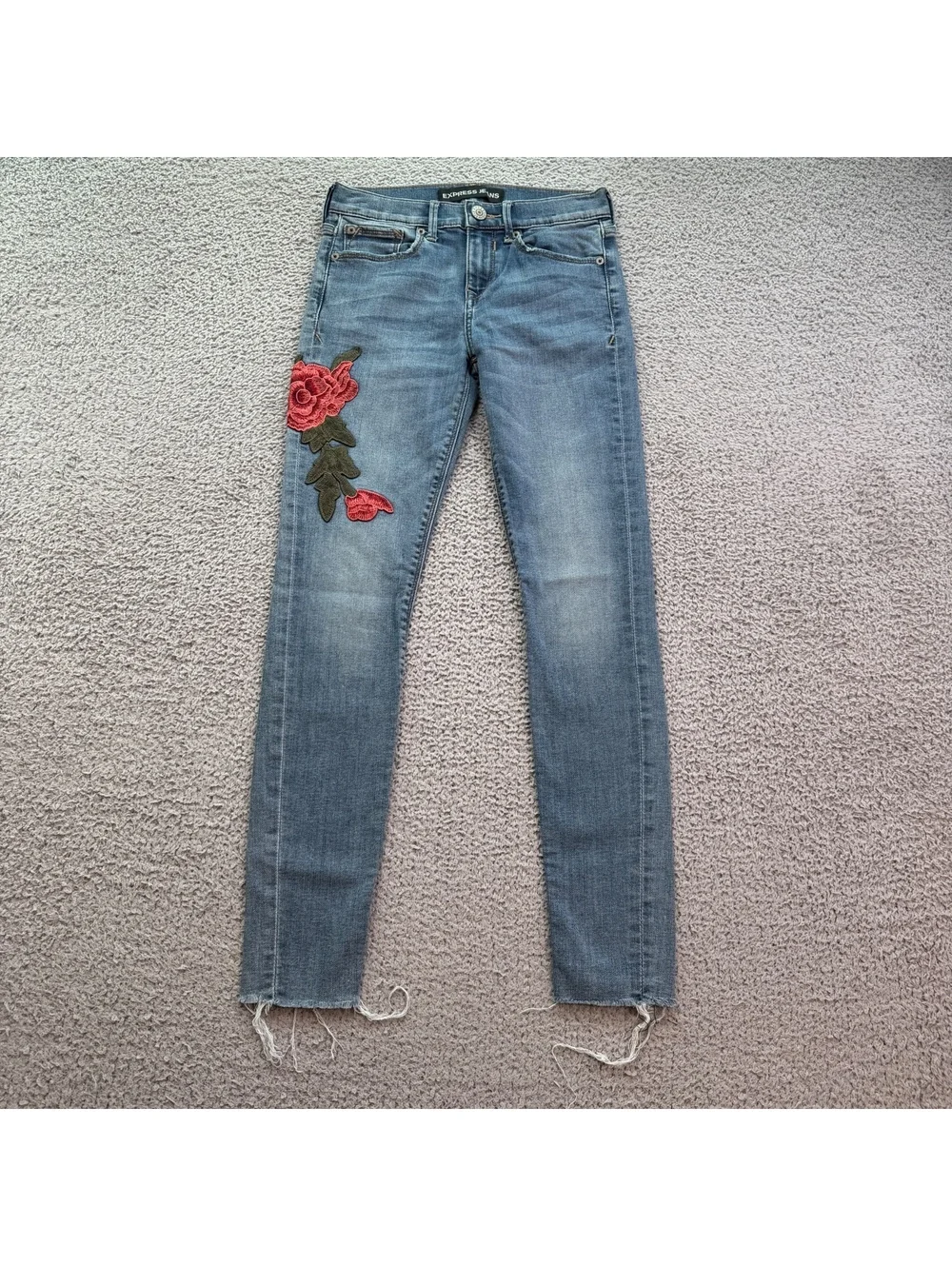 Express Jeans Ankle Legging Mid Rise Floral Embroidered Stretch Skinny Jeans 00R